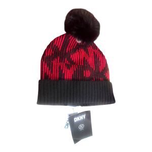 NWT DKNY Chenille Red and Black Logo Knit Hat with Faux Fur Pom OSFM